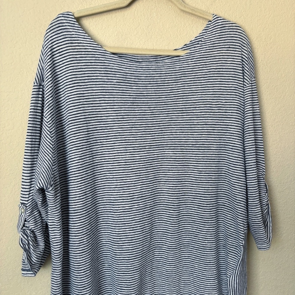 Adrienne Vittadini 2X Linen Three-quarter Sleeve Roll Tab Stripe Top Beachy - Picture 11 of 12